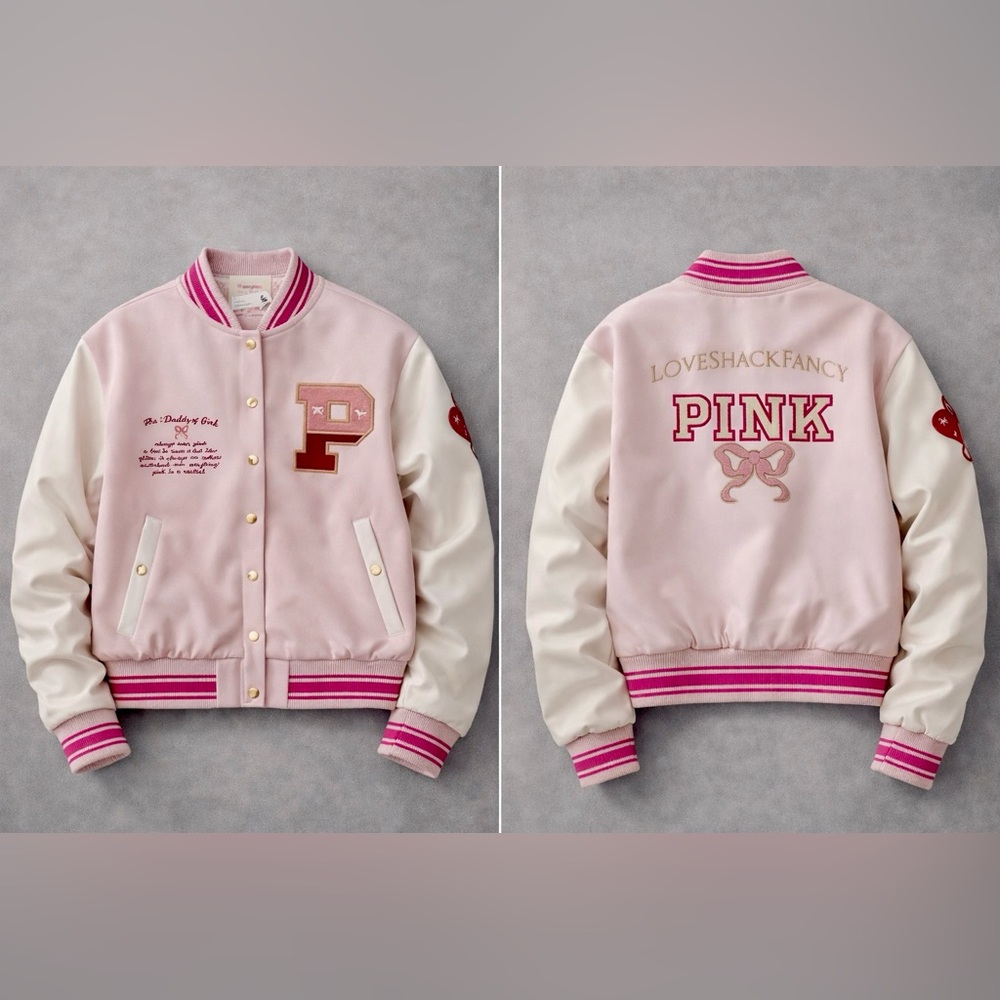 NWT Victoria’s Secret PINK x LoveShackFancy Boyfriend Varsity Jacket Size M